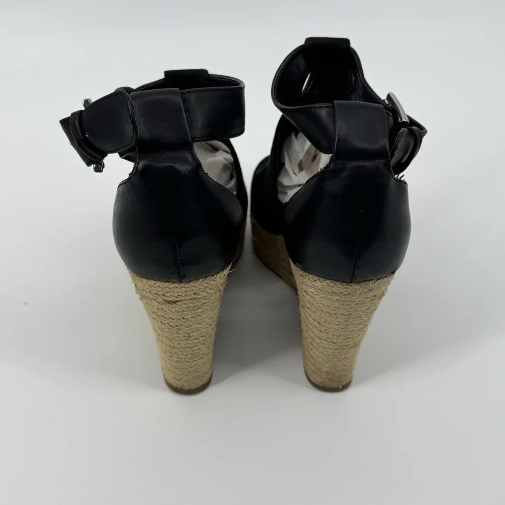Marc Fisher‎ Black Espadrille Wedge Sandals Ankle Strap Peep Toe Size 9M Coastal